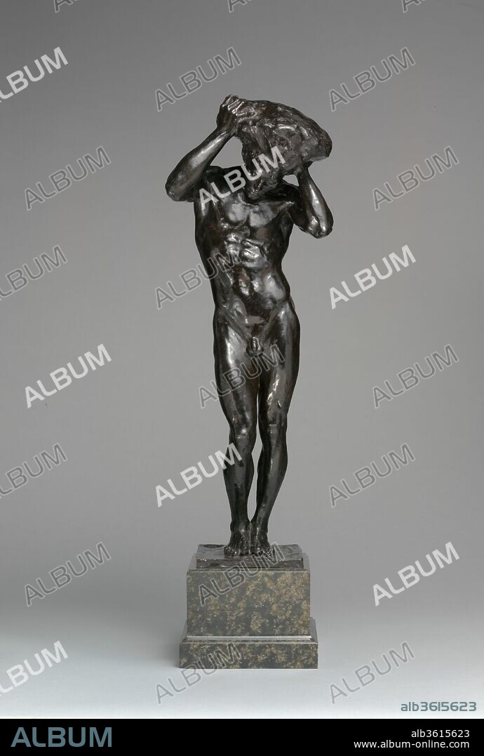 Caryatid. Artist: Gertrude Vanderbilt Whitney (American, New York 1875-1942 New York). Dimensions: 18 3/4 x 6 1/2 x 5 1/2 in. (47.6 x 16.5 x 14 cm). Date: 1912, cast 1913.
This figure was a study for one of three standing male nudes that support the basin of an overlifesize marble fountain at McGill University in Montreal. The title of the bronze statuette, "Caryatid," describes the figure's function as an architectural support, but its gender makes it more correctly an atlas. Though Whitney positioned the subject in a classical contrapposto, both arms upraised supporting a heavy weight, she acknowledged the enormous impact of French sculptor Auguste Rodin (1840-1917) by emphasizing the contrasts of light and shadow that serve alternately to reveal and to mask the figure. The physical force Whitney suggested through the taut musculature of the arms, legs, and back is also indebted to Rodin.