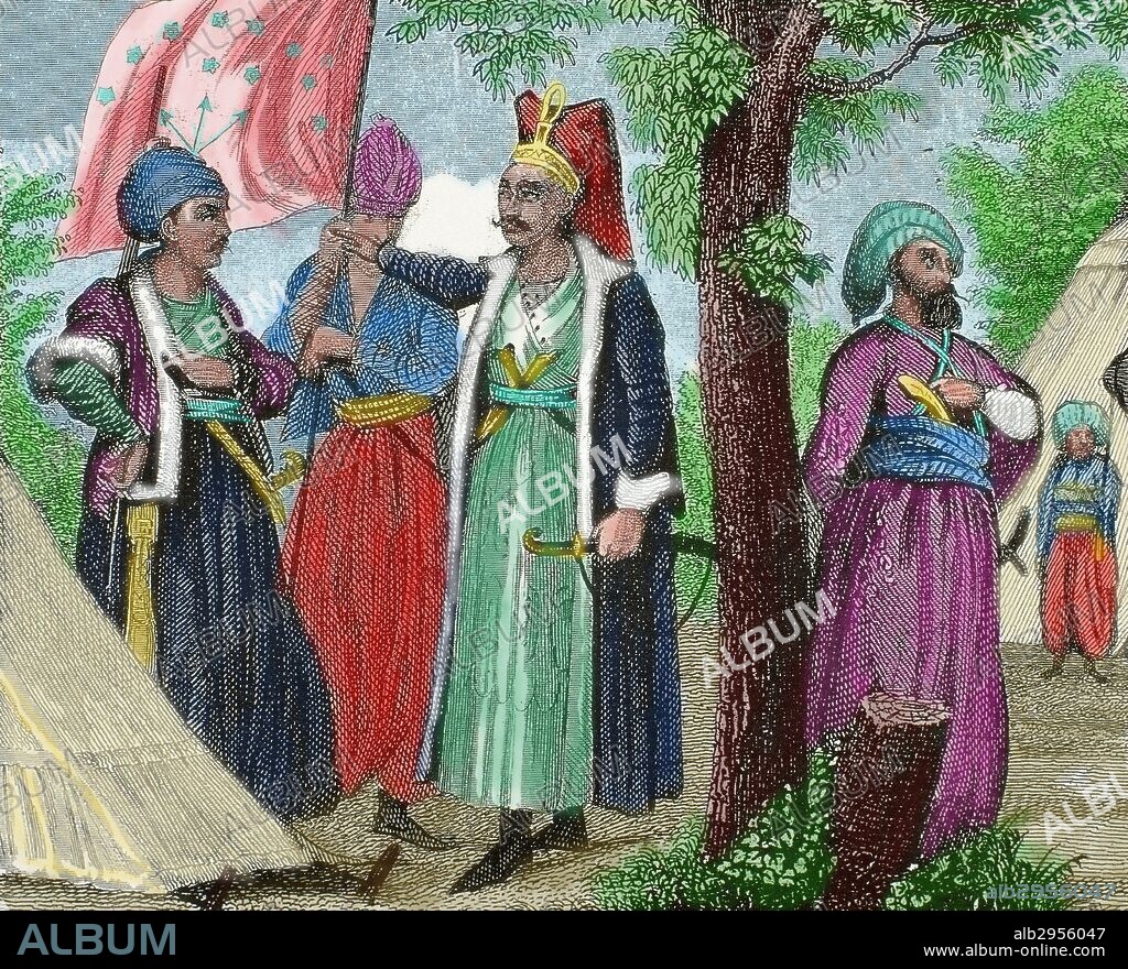IMPERIO OTOMANO. "JENIZAROS". Cuerpo militar de soldados, creado en el siglo XIV por el Sultán Orjan Gazi y abolido en el siglo XIX por el Sultán Mahmud II. Grabado coloreado del siglo XIX.