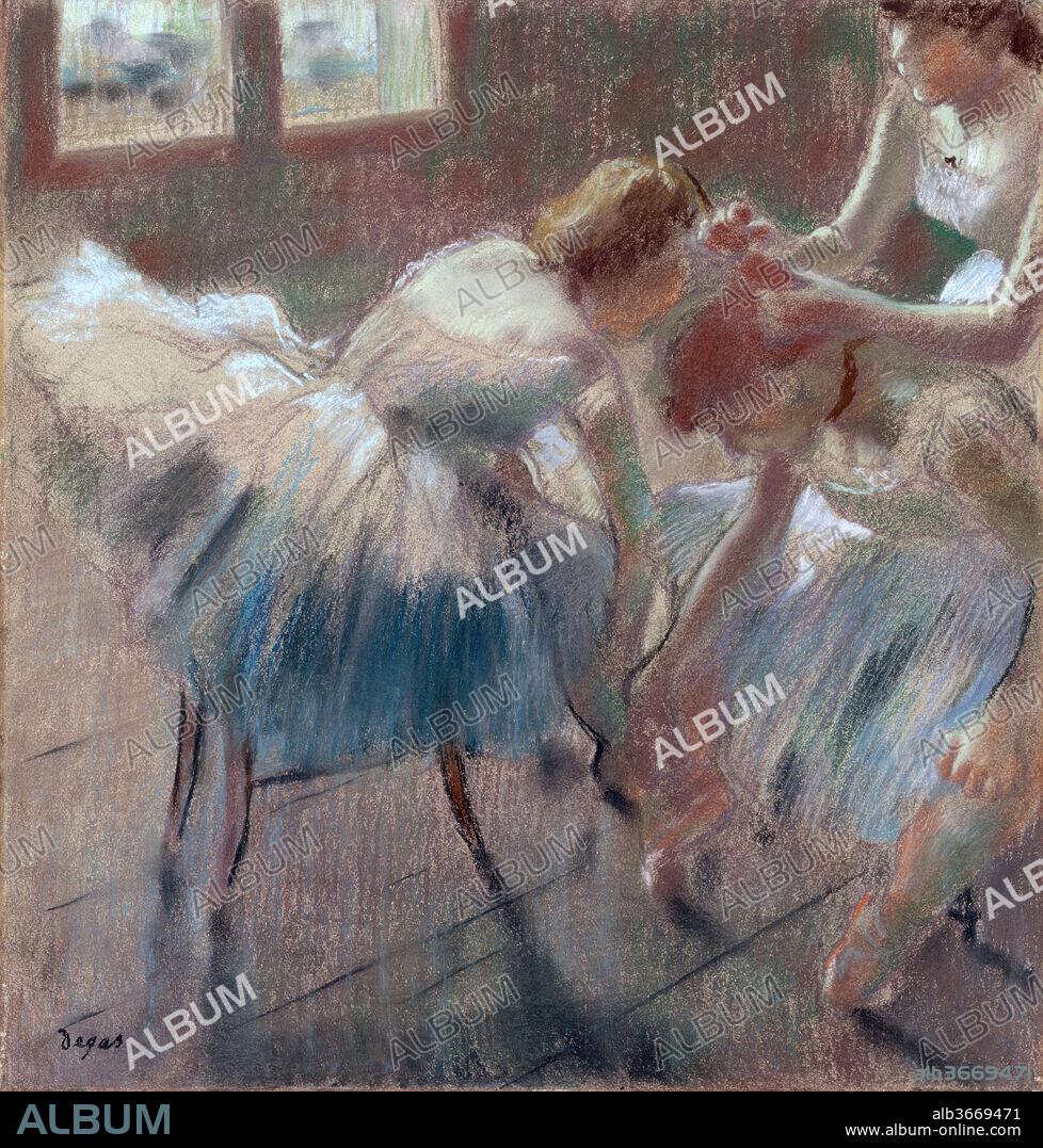 Three Dancers Preparing for Class. Artist: Edgar Degas (French, Paris 1834-1917 Paris). Dimensions: 21 1/2 x 20 1/2 in. (54.6 x 52.1 cm). Date: after 1878.
The seated dancer in this pastel was derived from a study dated December 1878 of the fifteen-year-old Melina Darde. That drawing and those which explored  the poses of the two dancers in the foreground belonged to a stock of figure drawings that Degas used for his larger compositions. There is another variant of this pastel also of the mid-1880s (Private collection).
