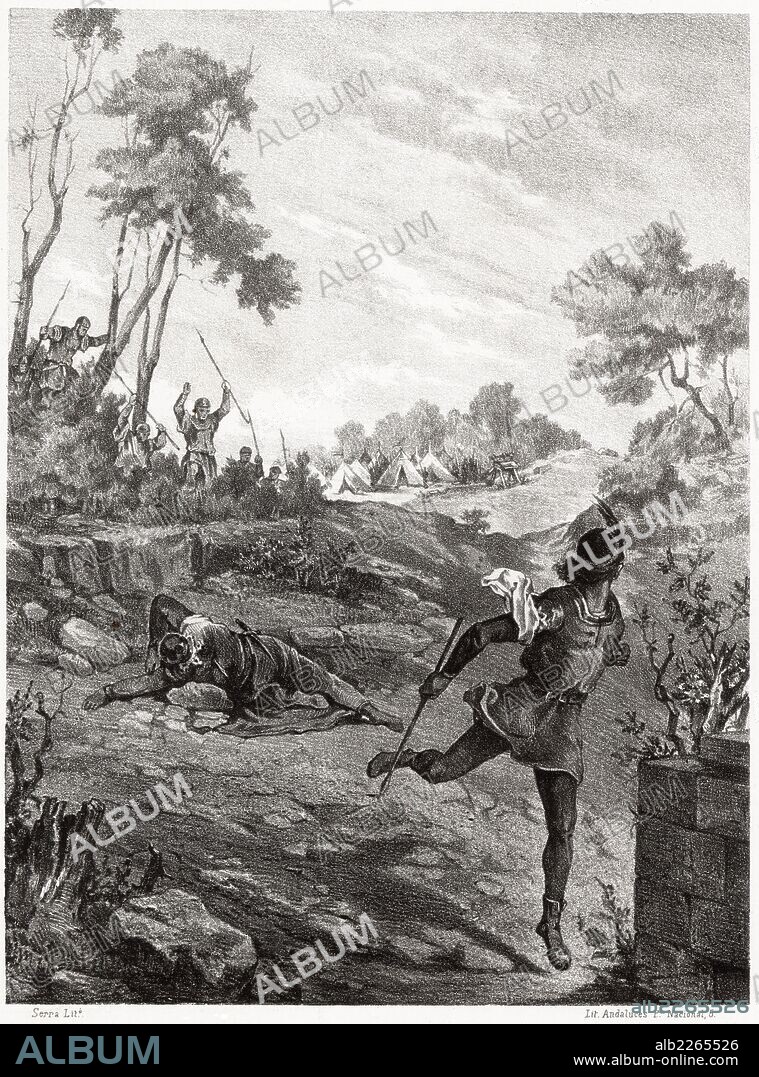 Historia de España. Muerte del rey Don Sancho II de Castilla a manos de Bellido Dolfos ante las murallas de Zamora en 1072. Grabado de 1872.