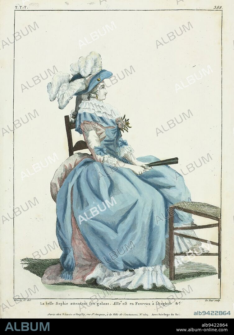 Gallerie des Modes et Costumes Français 1787, TTT.388: La belle Sophie attendant..., Woman, seated on a chair, to the right, dressed in a blue 'robe à l'anglaise'. Blue hat decorated with large feathers. Folded fan in hand. Print from series TTT. 60th Cahier de Modes Françaises, Habillemens à la mode, Gallerie des Modes et Costumes Français., print maker: Hippolyte Le Bas, after drawing by: François Louis Joseph Watteau, publisher: Esnauts & Rapilly, Paris, 1787, paper, engraving, height 294 mm × width 214 mm.