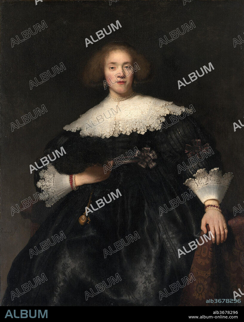 Portrait of a Young Woman with a Fan. Artist: Rembrandt (Rembrandt van Rijn) (Dutch, Leiden 1606-1669 Amsterdam). Dimensions: 49 1/2 x 39 3/4 in. (125.7 x 101 cm). Date: 1633.
This animated portrait has a pendant showing the sitter's husband rising from a chair (Taft Museum, Cincinnati). When seen together, husband and wife seem to respond to each other, making these among Rembrandt's most inventive compositions of the early 1630s. Rembrandt's early experience as a painter of dramatic history scenes and his close study of physiognomy and character during the time he spent in Leiden prepared him to be the most original and successful portraitist in Amsterdam, where he arrived in the winter of 1631-32.