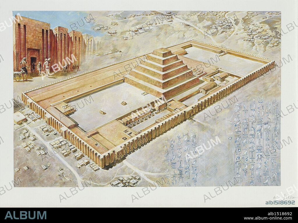 Egyptian Civilisation - Saqqara. Reconstructed 'Step Pyramid' complex of Djoser. Color illustration.