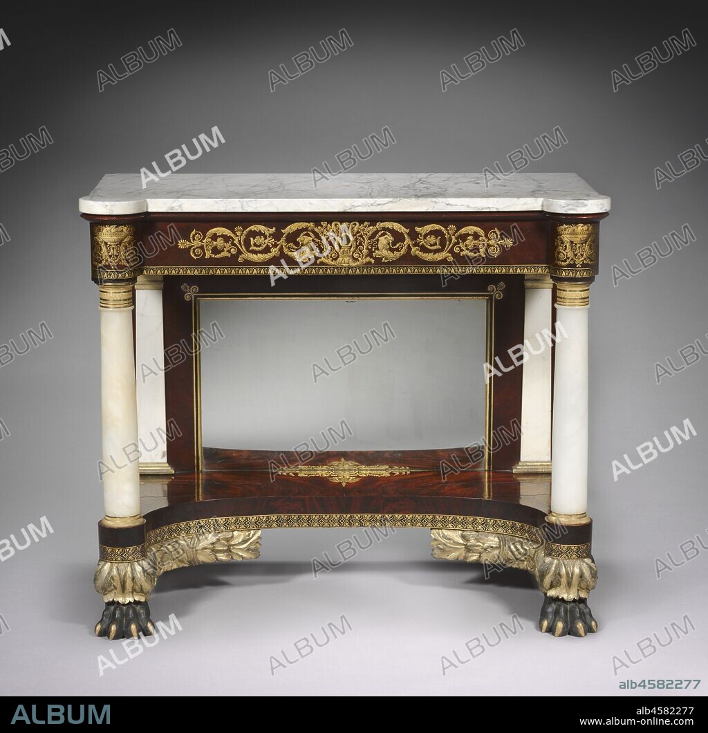 Pier Table, c. 1829-1835. Ornamental tables such as this marble-topped example were most often used in rooms on a narrow wall between two windows or just across from them on an opposite wall. Usually a gilded mirror hung above the table to create a single pier of glass, top to bottom, which reflected light around the room. This table?s bold use of carved and stenciled decoration, as well as expensive white marble, indicate that it was owned by a very wealthy family.