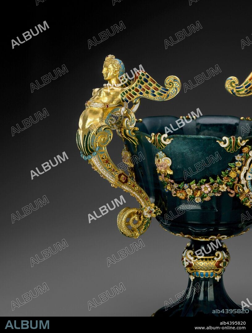 Cup, Jean-Valentin Morel (French, 1794-1860), 1854-1855, bloodstone (jasper), gold, enamels, emeralds, rubies, sapphires, cameos, 11 x 10 x 7 in., Marks on top of gold band of mount on stem (Ajax cameo side): Maker's mark for Jean-Valentin Morel, Marks on top of gold band of mount on stem (Ajax cameo side): head of horse turned to the right (poincon de petite garantie) (warranty), ...see Notes tab..., Decorative Arts.