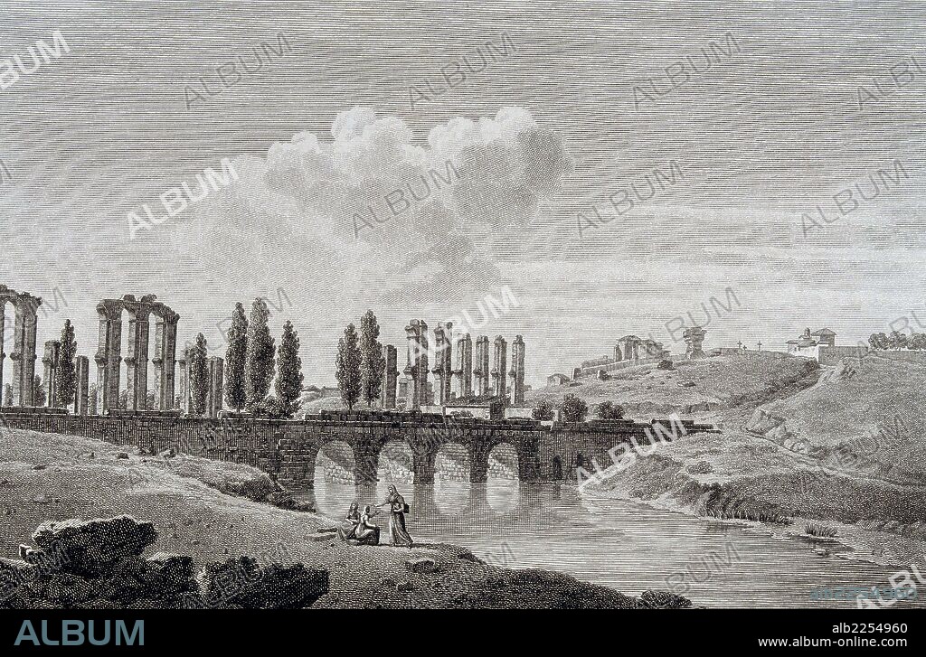 BADAJOZ. MERIDA. PUENTE ROMANO SOBRE EL RIO ALBARREGAS Y ACUEDUCTO DE LOS MILAGROS. DIBUJO DE LIGER. LITOGRAFIA DELSIGLO XIX.