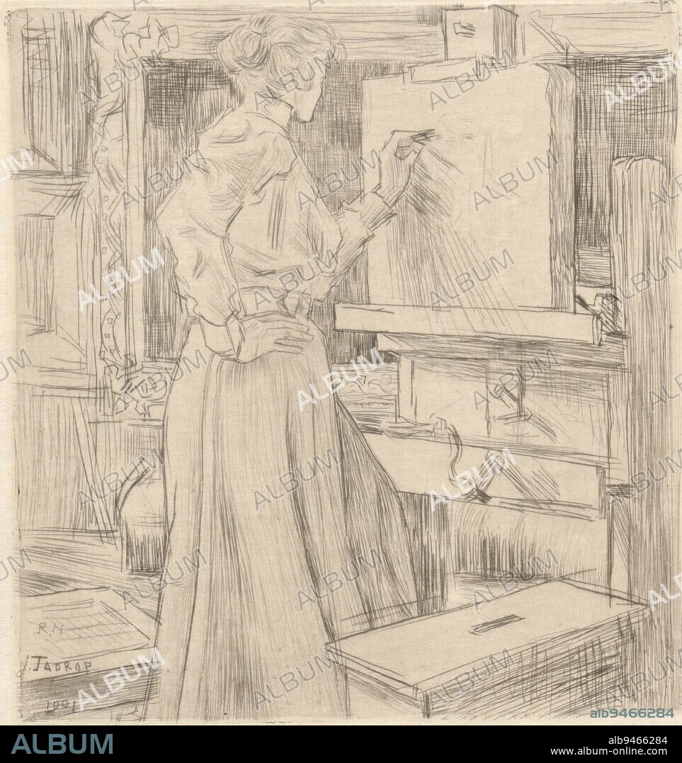 Riet van Houten draws on a lithographic stone in a studio In 't atelier (original title), print maker: Jan Toorop, (signed by artist), 1901, paper, drypoint, h 146 mm - w 138 mm.
