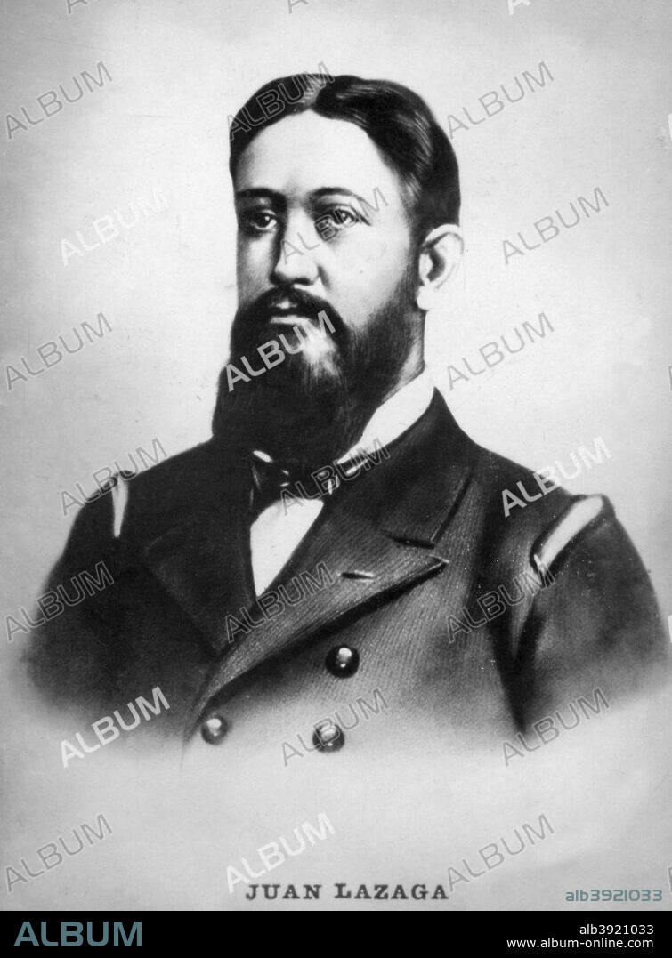 Juan Lazaga (1845-1898), Spanish naval captain during the Spanish-American War who died during the Naval Battle of Santiago de Cuba on July 3 1898, (c1910). Cigar card from the History of Cuba, Geografico Universal, Propaganda de los Cigarros Susini y La Corona, Tabacalera Cubana.