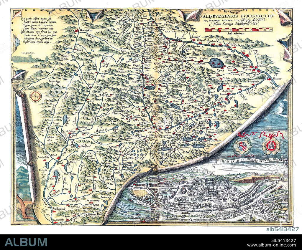 Salisburgensis dioecesis. Das erzbistum salzburg. The archdiocese of Salzburg. Theatrum Orbis Terrarum (Theatre of the World) is considered to be the first true modern atlas. Written by Abraham Ortelius and originally printed on May 20, 1570, in Antwerp, it consisted of a collection of uniform map sheets and sustaining text bound to form a book for which copper printing plates were specifically engraved. The Ortelius atlas is sometimes referred to as the summary of 16th cartography and the first time that the entirety of Western European knowledge of the world was brought together in one book. Most of the maps were admittedly reproductions, and many discrepancies of delineation or nomenclature occur. From its original 70 maps and 87 bibliographic references in the first edition (1570), the atlas grew through its 31 editions to encompass 183 references and 167 maps in 1612.