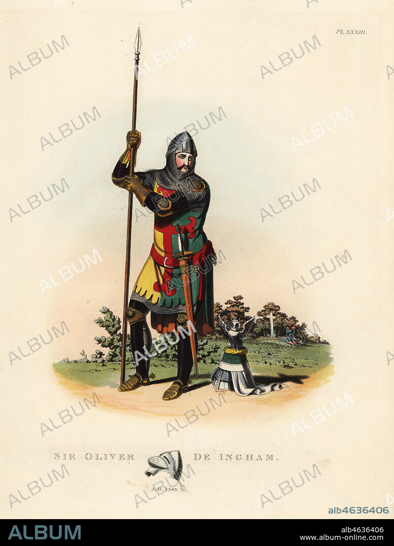 Sir Oliver de Ingham, 1287-1343, English knight and soldier under King Edward II of England. Chainmail with black plate armour, brassarts, genouilleres, sollerets, etc. Bassinet helmet, armorial pourpoint with scarlet cross on a gold and green field. From a sepulchral effigy in Ingham Church, Norfolk. Handcoloured lithograph by Maddocks after an illustration by S.R. Meyrick from Sir Samuel Rush Meyrick's A Critical Inquiry into Antient Armour, John Dowding, London, 1842.