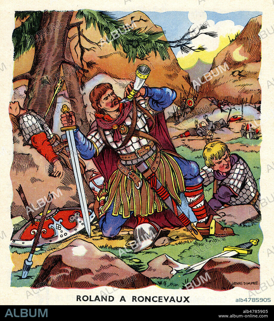 ROLAND a Roncevaux. Illustration de 1959 par Henri DIMPRE (1907-1971) pour 'Notre premier livre d'histoire' par BERNARD et REDON. ADAGP. Credit : Collection Jonas/KHARBINE-TAPABOR.