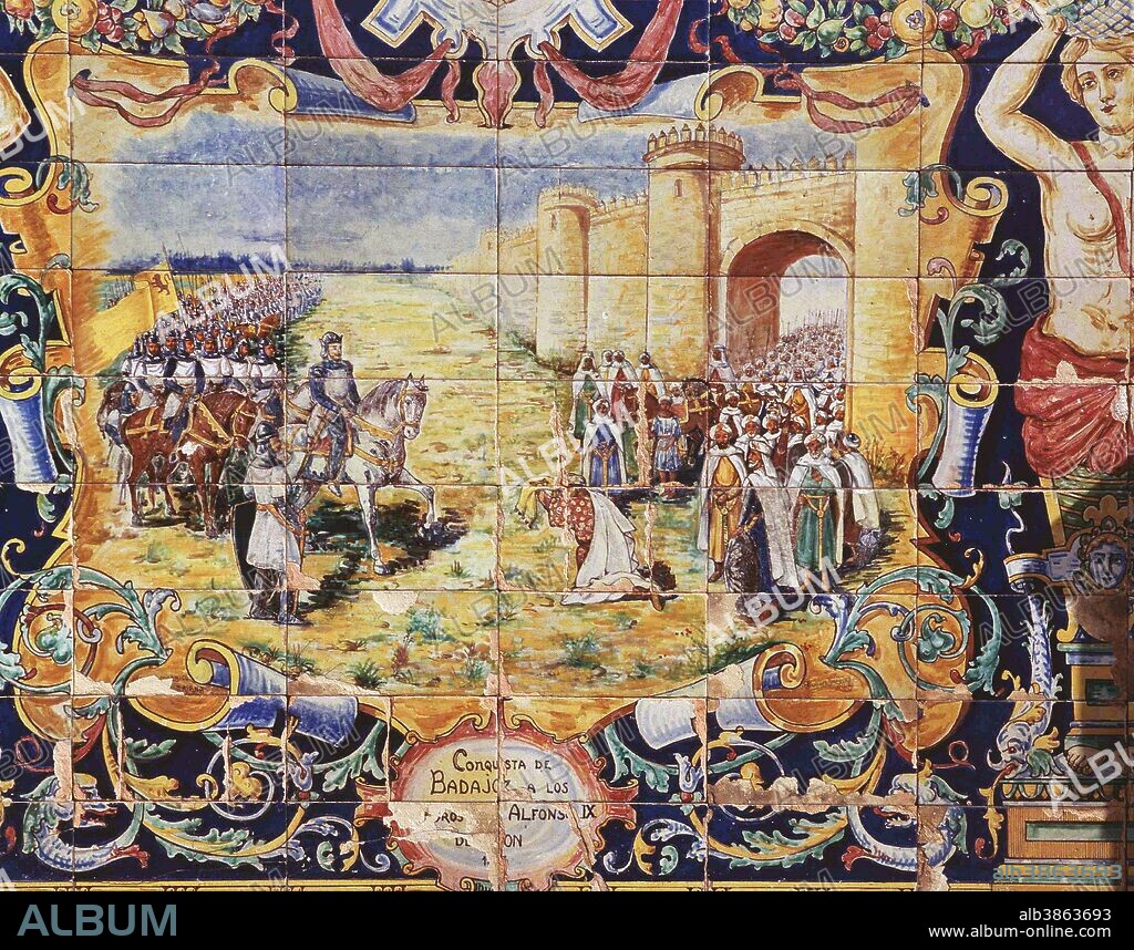 ALFONSO IX. REY DE LEON . 1171 - 1230. RECONQUISTA .TOMA DE BADAJOZ. AZULEJO PLAZA DE ESPAÑA . SEVILLA. SFGP / © KORPA.