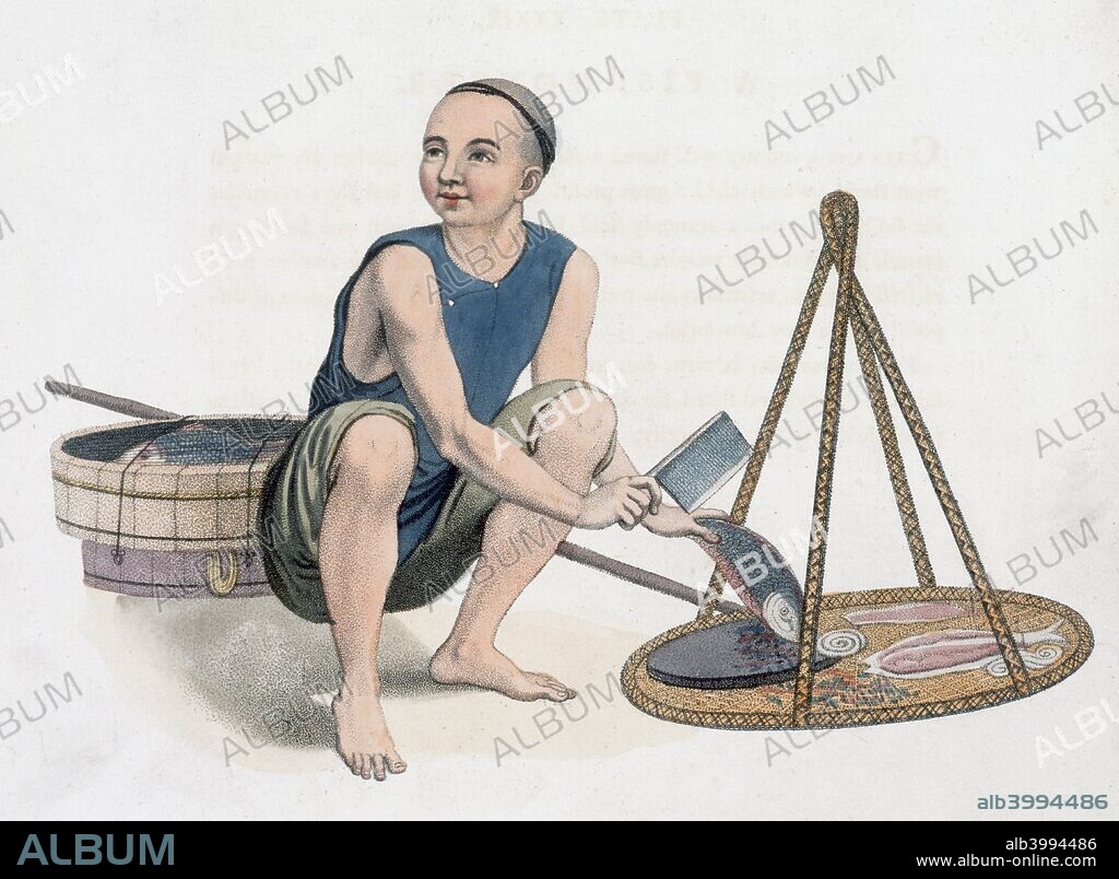 A fishmonger, 1800. Plate 39 from The Costumes of China by Major George Henry Mason.