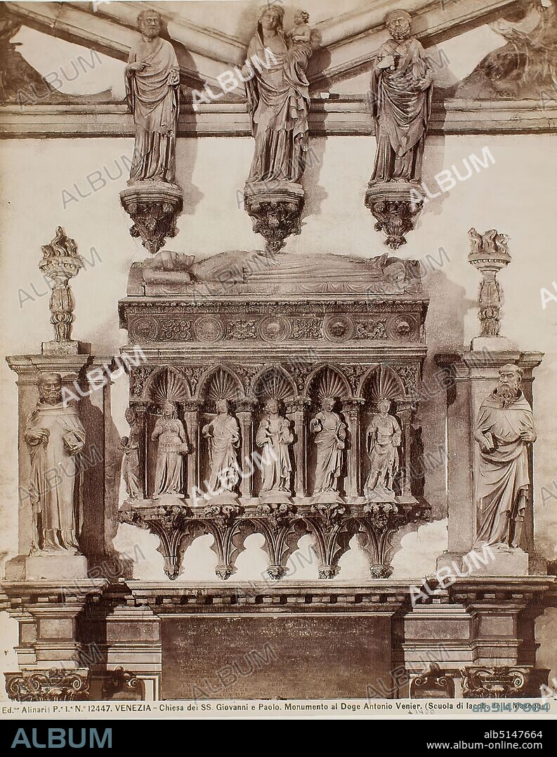 Church SS. Giovanni e Paolo, Tomb of Doge Antonio Venier, Venice, albumin paper, black and white positive process, image size: height: 25,20 cm; width: 19,20 cm, 7. VENEZIA - Chiesa dei SS. Giovanni e Paolo. Monumento al Doge Antonio Venier. (Scuola di Iacob. delle Masegne.), travel photography, architectural photography, interior of a church, sculpture, sculpture, sculpture art, funeral monument, Mary with Christ Child (Madonna), saint, Venice.