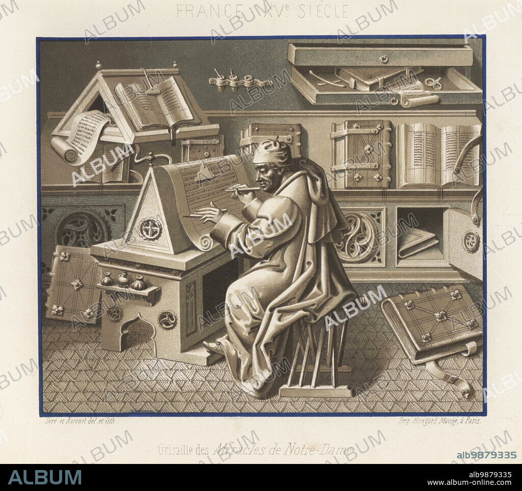 Author Gautier de Coinci writing his Miracles de Nostre-Dame. Or scribe Jean Mielot copying the work for Duke Philip the Good. In a study with desk, manuscripts, lectern, leather-bound books, etc. Grisaille from the Miracles de Notre-Dame. France, XVe siecle. Lithograph drawn and lithographed by Ferdinand Sere and Auguste Racinet from Charles Louandres Les Arts Somptuaires, The Sumptuary Arts, Hangard-Mauge, Paris, 1858.