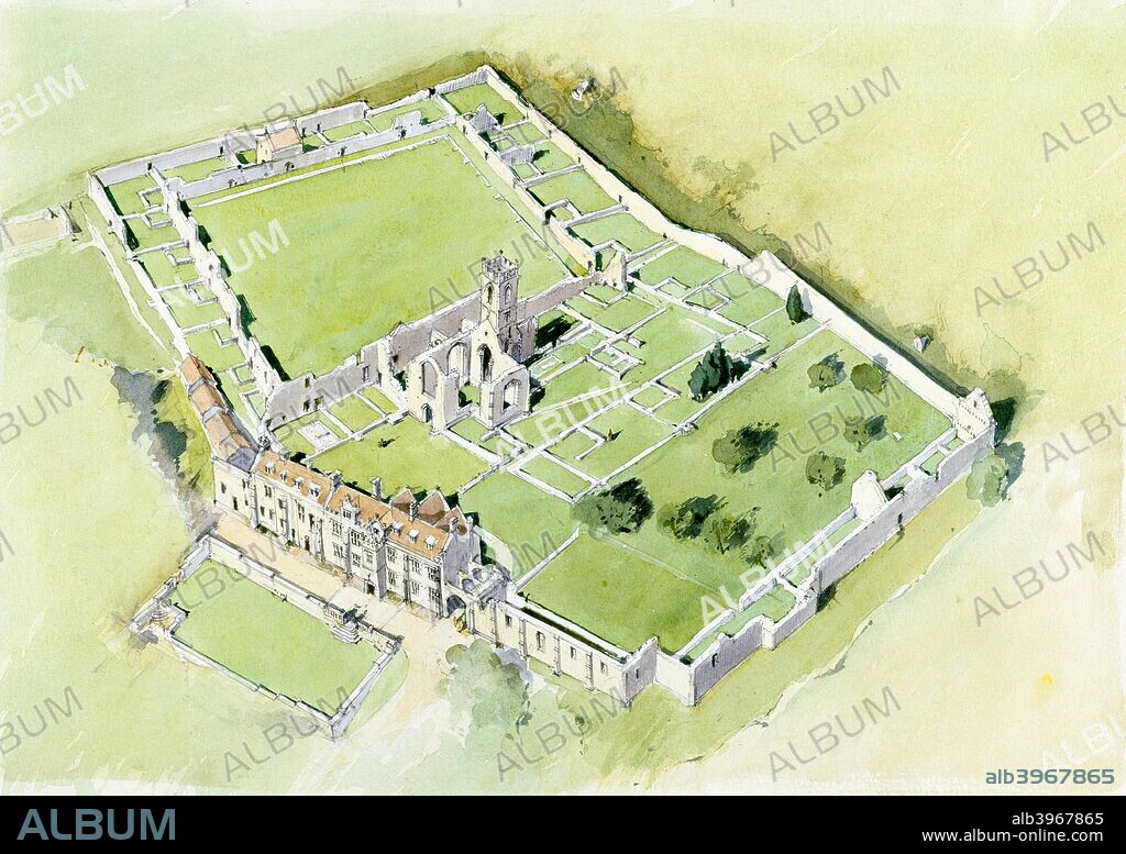 Mount Grace Priory, c15th century, (c1990-2010). Aerial view reconstruction drawing of Mount Grace Priory, in East Harlsey, North Yorkshire, is one of the ten medieval Carthusian houses (charterhouses) in England,  it was founded in 1398 by Thomas Holland, 1st Duke of Surrey.