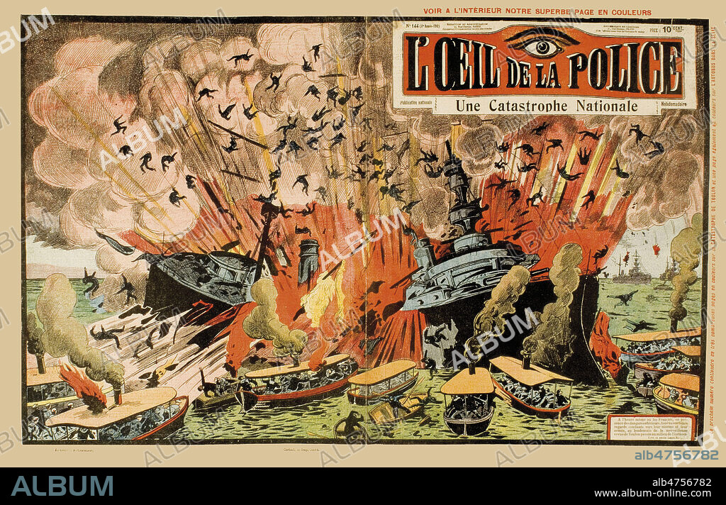 Une catastrophe nationale (Explosion du cuirasse Liberte dans la rade de Toulon). Illustration anonyme pour L'Oeil de la Police de 1911. Credit : Coll. Dixmier/KHARBINE-TAPABOR.