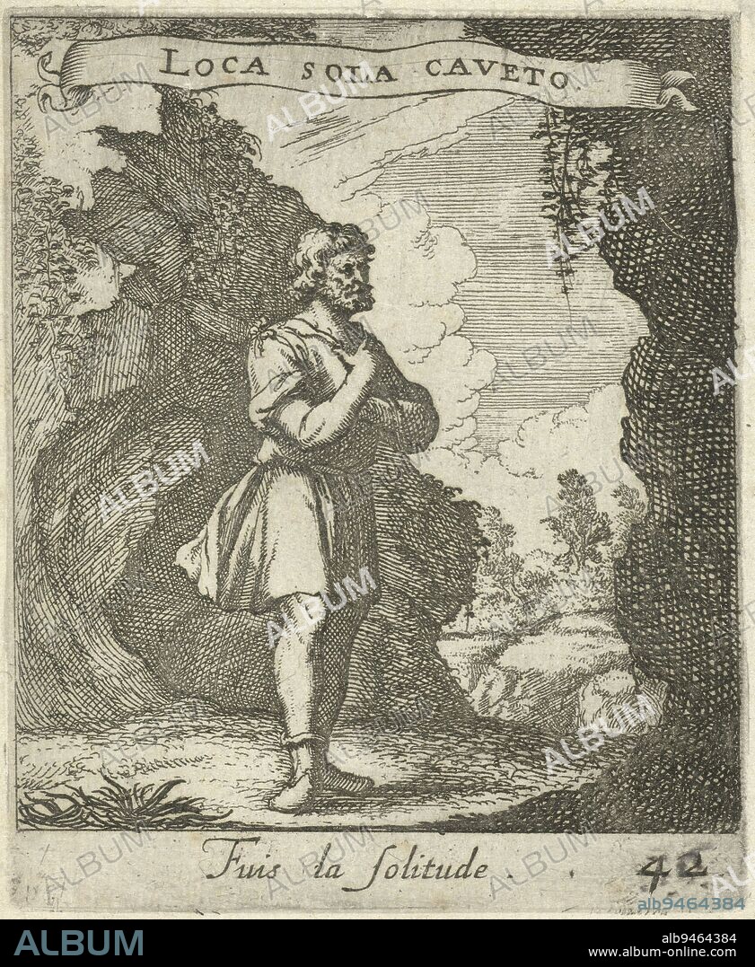 Man near a cave, Albert Flamen, 1672, A man stands between rocks with his arms by his chest. On a banderole a motto in Latin and a caption in French, both about love., print maker: Albert Flamen, publisher: Etienne Loyson, Lodewijk XIV (koning van Frankrijk), print maker: Paris, publisher: Paris, France, 1672, paper, etching, h 83 mm × w 68 mm.