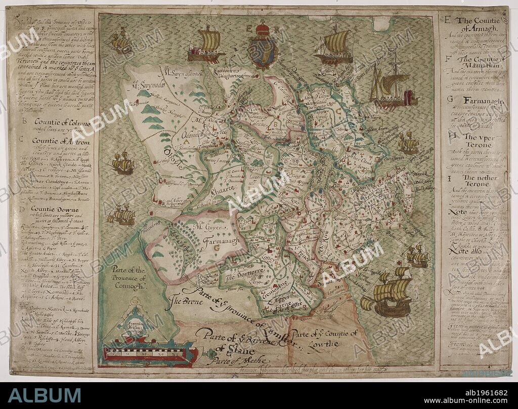 A map of Ulster with information on a plot or intrigue. Ireland. Dated about 1598. . A colored map, on vellum, of the province of Ulster. Ulster. A colored map, on vellum, of the province of Ulster, with descriptions at the sides; "Frauncis Jobsonne described this plot, and divers others, for hir Maiestie"; drawn about 1598, on a scale of 8 1/2 miles to an inch. Source: Cotton Augustus I. ii f.19.