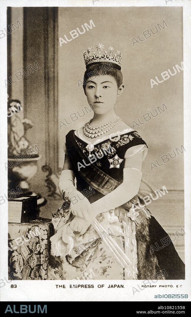 [ 1900s Japan - Japanese Empress Shoke ] Portrait of Empress Shoken (, Shoken Kogo, 18491914), consort of Emperor Meiji. Born as Masako Ichijo (), she adopted the given name Haruko () when she became engaged to Emperor Meiji on September 2, 1867 (Keio 2). Her name was posthumously changed to Empress Shoken. 20th century vintage postcard.