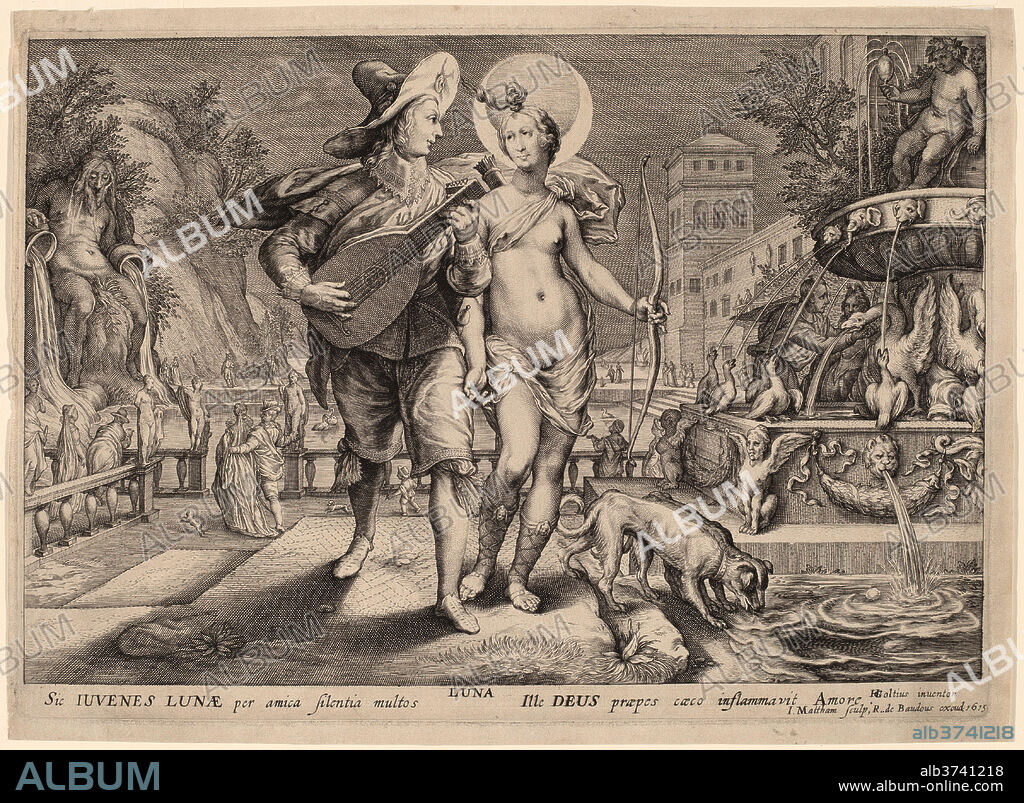 JACOB MATHAM, AFTER HENDRIK GOLTZIUS. Diana as Luna Accompanying a Young Man Serenading. Dated: 1615. Dimensions: plate: 21.2 x 29.9 cm (8 3/8 x 11 3/4 in.)  sheet: 22.6 x 30.8 cm (8 7/8 x 12 1/8 in.). Medium: engraving on laid paper.