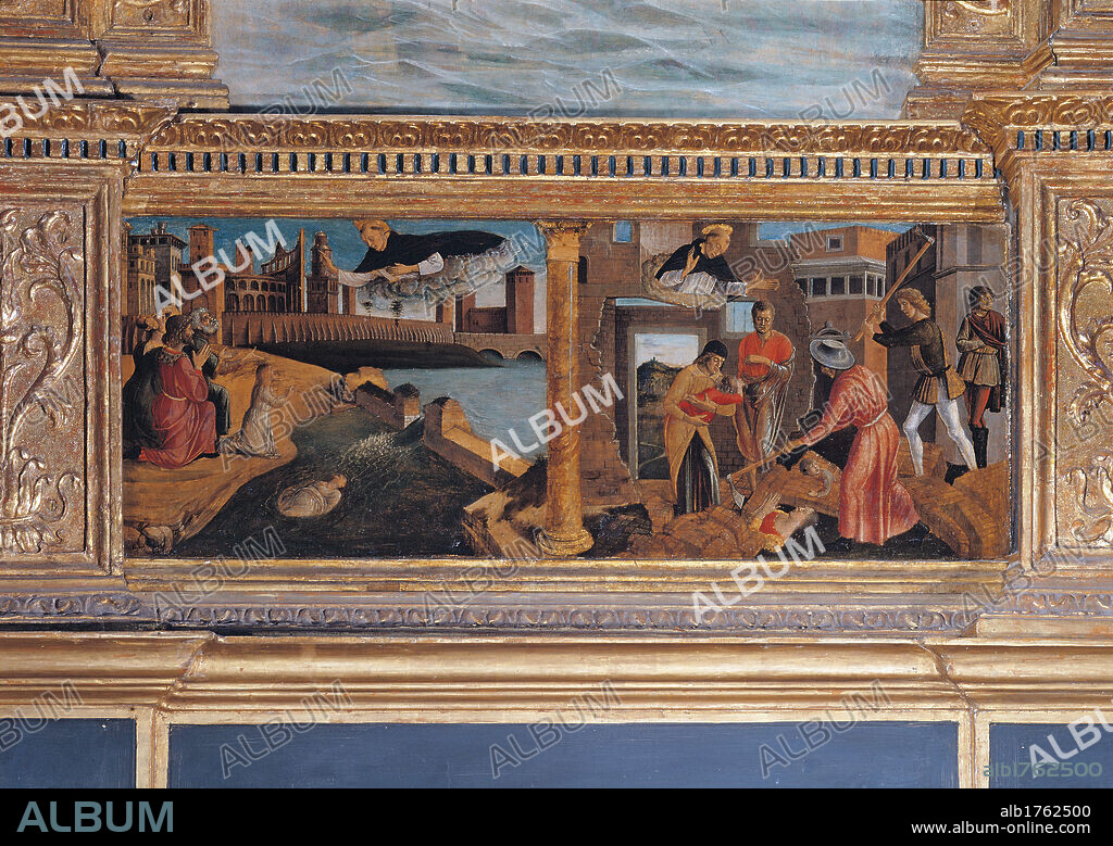 Polyptych of St Vincent Ferrer, by Giovanni Bellini, 1464-1468 about, 15th Century, tempera on panel,. Italy, Veneto, Venice, Santi Giovanni e Paolo Church. Detail. First panel on left miracles saint St Vincent Ferrer predella.