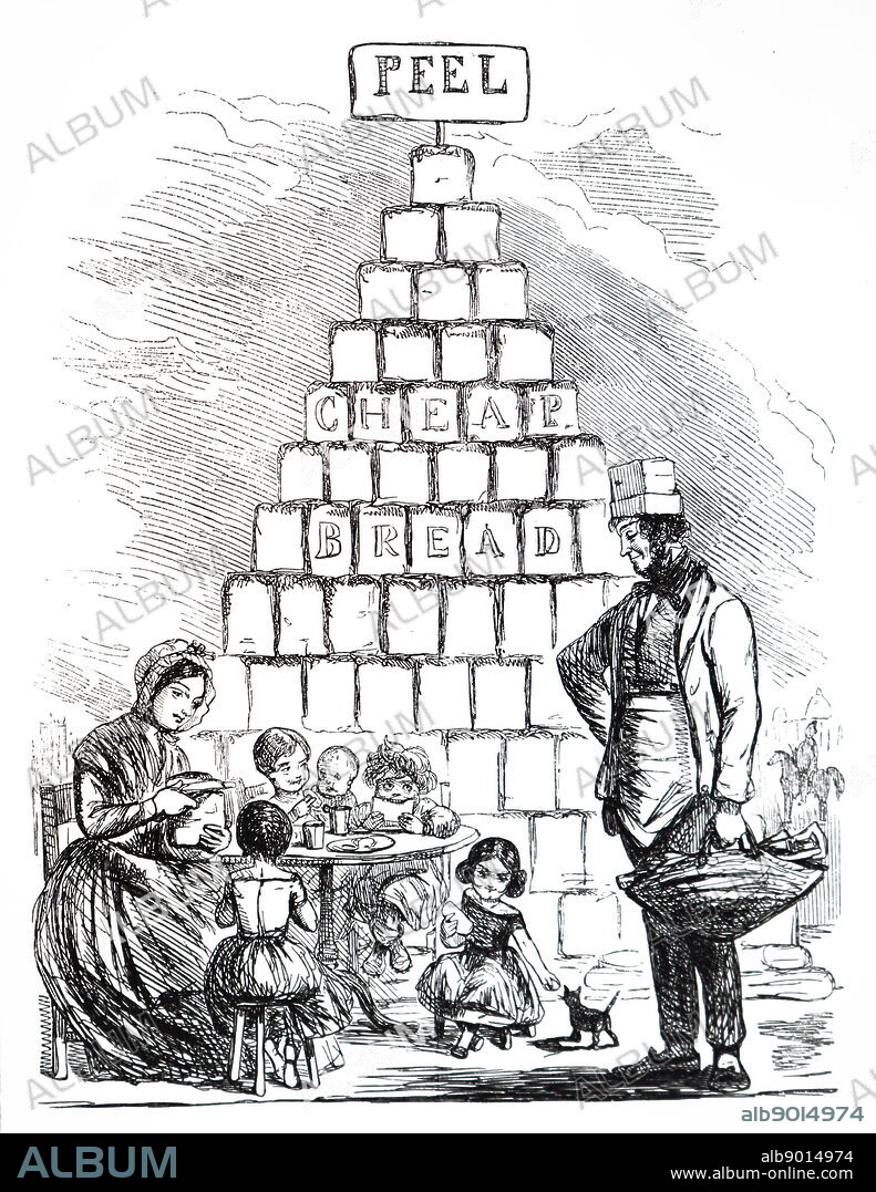 Cartoon depicting Punch's monument to Sir Robert Peel who repealed the Corn Laws of 1846. Sir Robert Peel (1788-1850) a British statesman, former Prime Minister, former Home Secretary and the father of modern British policing and the modern Conservative Party. Dated 19th century.