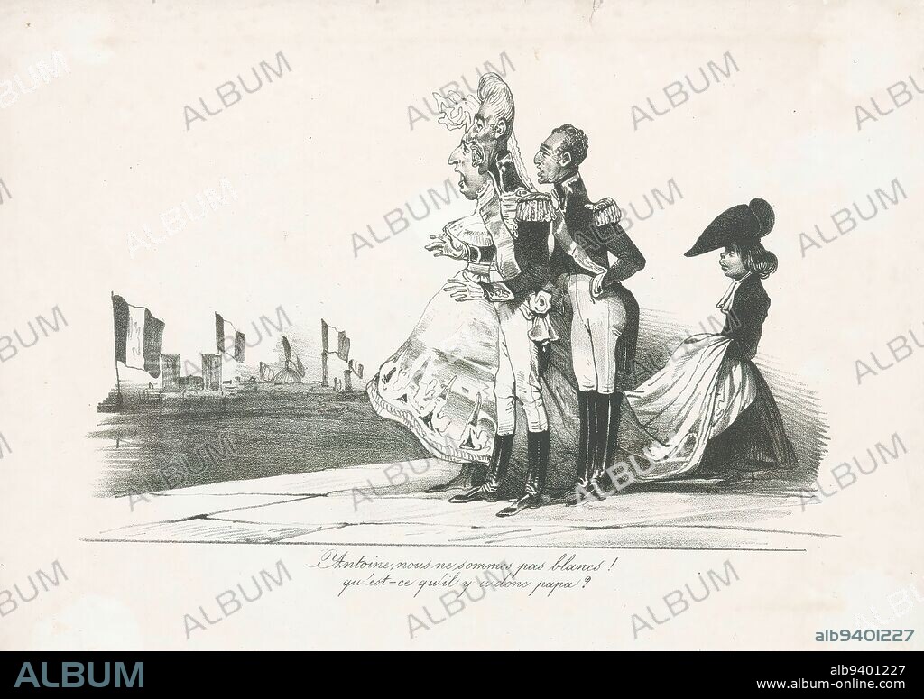 Charles X and the July Revolution, 1830, Cartoon of King Charles X during the July Revolution, July 27-29, 1830. Charles X looks on with his son Louis Anton of Bourbon and his wife Marie Thérèse Charlotte, at a parade in which the French tricolor is waved. With two-line French caption., print maker: anonymous, France, 1830, paper, height 277 mm × width 363 mm.