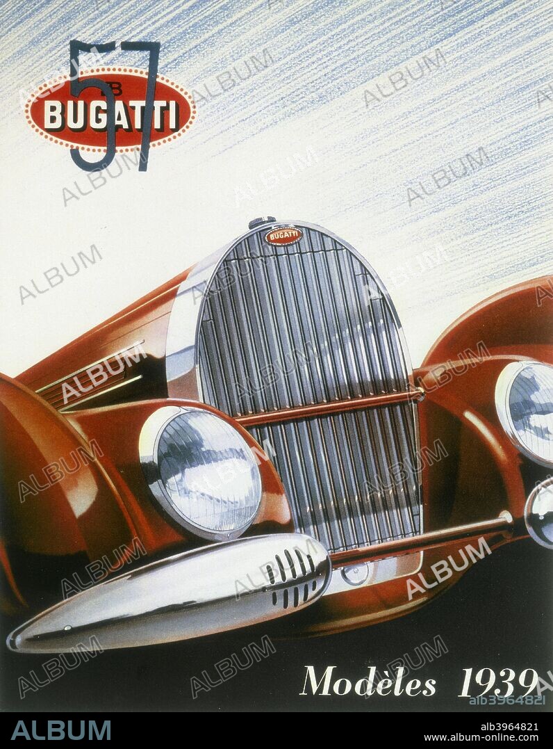 Poster advertising Bugatti cars, 1939. The front of a red Bugatti T57, with its shape exaggerated to suggest speed. The model was introduced in 1934 and produced until 1939. After WWII a modified model, the Bugatti 101, was produced.