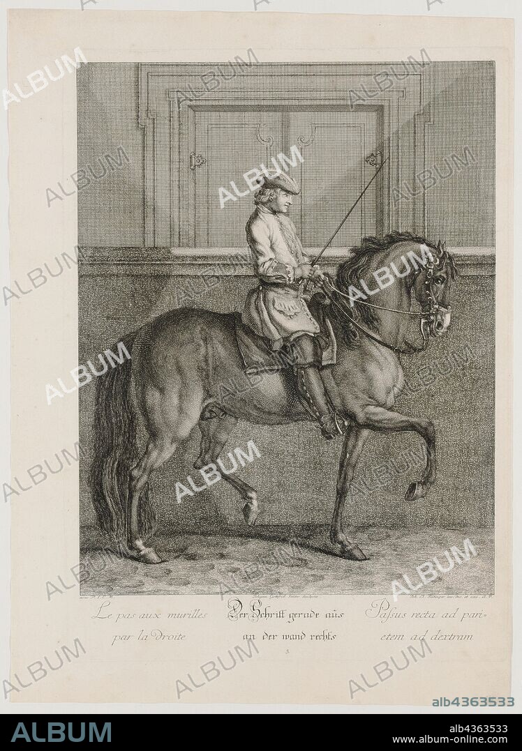 The step straight on the wall to the right, 1734, etching, sheet: 60 x 43.6 cm |, Plate: 53.3 x 38.5 cm, U.l., below the illustration: avec P.S.C.M ., u, ., Middle: Johann Gottfried Seuter sculpsit ., u.r .: Joh. El., Ridinger inv. Des. Et exc., A. V., Johann Elias Ridinger, Ulm 1698–1767 Augsburg.