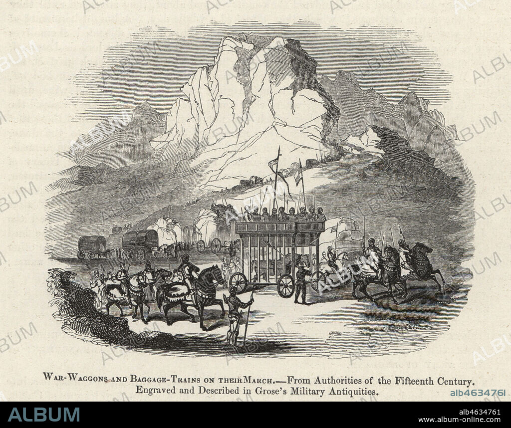 Medieval war waggons and baggage trains on their march up a mountain pass. From 15th century authorities. Woodcut after an illuminated manuscript from Sir John Froissart's Chronicles of England, France, Spain and the Adjoining Countries, from the Latter Part of the Reign of Edward II to the Coronation of Henry IV, George Routledge, London, 1868.