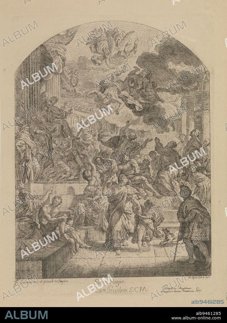 Fall of Simon the Magician, Simon Magus (title on object), print maker: Martin Speer, (mentioned on object), after own design by: Martin Speer, (mentioned on object), after painting by: Francesco Solimena, (mentioned on object), print maker: Regensburg, after painting by: Naples, publisher: Regensburg, 1817, paper, etching, height 345 mm × width 250 mm.