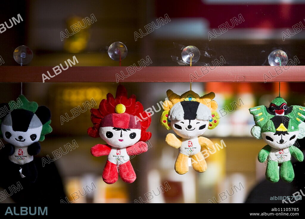 2008 Olympic Games official Olympics souvenirs Fuwa mascot characters in souvenir shop in Beijing, China.