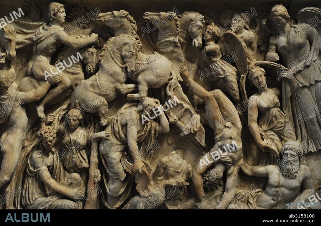 Arte romano. Sarcófago con la representación de la caida de Faetón. Relieves. Siglo II d. C. Museo del Hermitage (The State Hermitage Museum). San Petersburgo. Rusia.