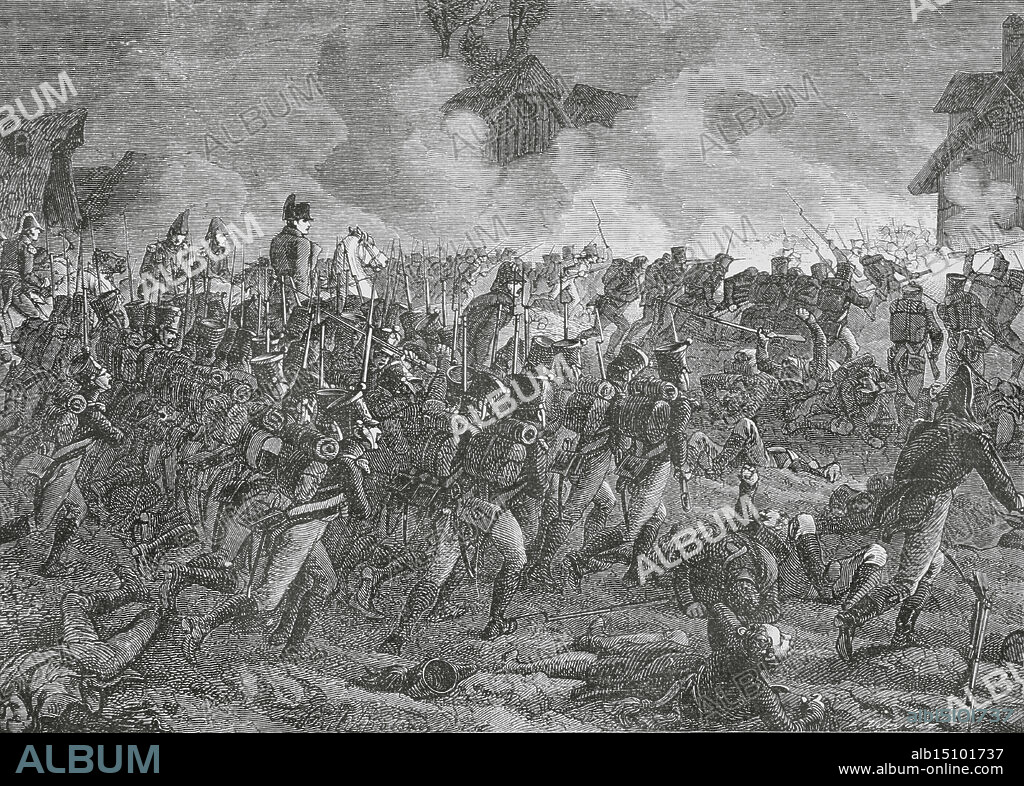Batalla de La Rothière (1 de febrero de 1814). Campaña de Francia. Sexta Coalición. El Ejército Imperial Francés comandado por Napoleón, fue derrotado por tropas del ejército de la Coalición lideradas por el general Gebhard Leberecht von Blücher (1742-1819). Napoleón, a la cabeza de una división de la Joven Guardia, recobra el caserío de La Giberie. Dibujo por Philippoteaux. Grabado por Dugon. "Histoire du Consulat et de l'Empire" (Historia del Consulado y del Imperio), por A. Thiers. Tomo IV. Publicado en Barcelona, 1879.