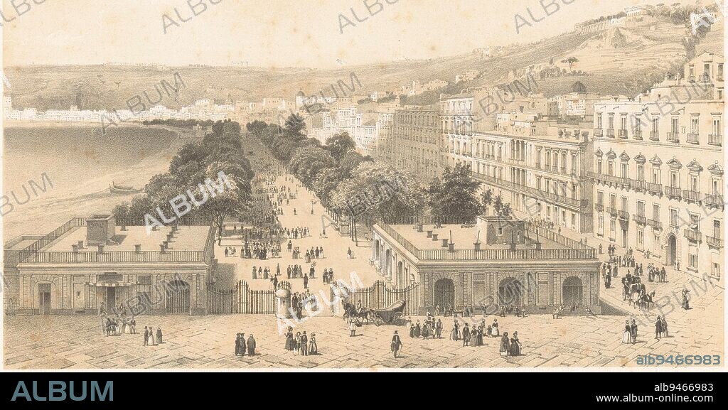 View of the Villa Poggio Reale with avenue of trees in Naples Naples Jardin Royal Napoli Villa Reale Views of the Kingdom of Naples Royaume de Naples on object, print maker: Charles Claude Bachelier, (mentioned on object), intermediary draughtsman: Philippe Benoist, (mentioned on object), printer: Joseph Rose Lemercier, (possibly), Paris, 1846, paper, h 357 mm × w 545 mm.