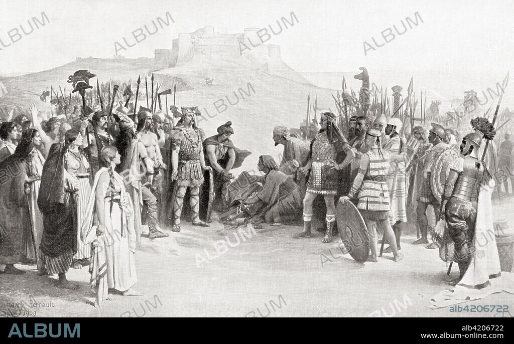 The meeting of Hannibal with the Ceutrones, a Celtic tribe of ancient Gaul, during his crossing of the Alps in 218 BC.  By his good relations with many of the tribes during his journey his progress was greatly assisted and a line of retreat secured.  From Hutchinson's History of the Nations, published 1915.