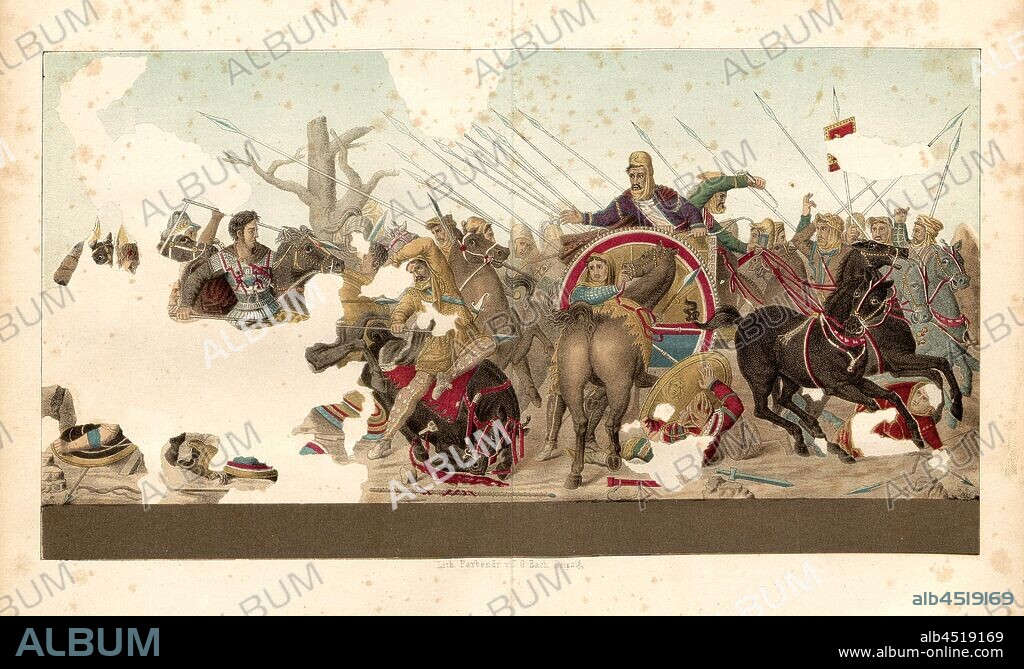 Alexanderschlacht, Colored mosaic wall in Pompeii, date estimated after S. 424, S. 473, 1856, Johannes Overbeck: Pompeji in seinen Gebäuden, Alterthümern und Kunstwerken [...]. Leipzig: Verlag von Wilhelm Engelmann, 1856.
