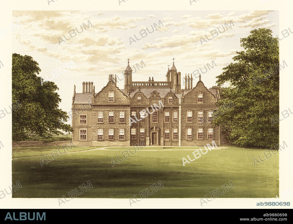 Willesley Hall, Leicestershire, England. Red-brick manor house with eleven bay facade built for George Abney in the era of King Charles I, probably rebuilt in the 1720s by architect Francis Smith in gardens landscaped by William Emes. Colour woodblock by Benjamin Fawcett in the Baxter process of an illustration by Alexander Francis Lydon from Reverend Francis Orpen Morriss Picturesque Views of the Seats of Noblemen and Gentlemen of Great Britain and Ireland, William Mackenzie, London, 1880.