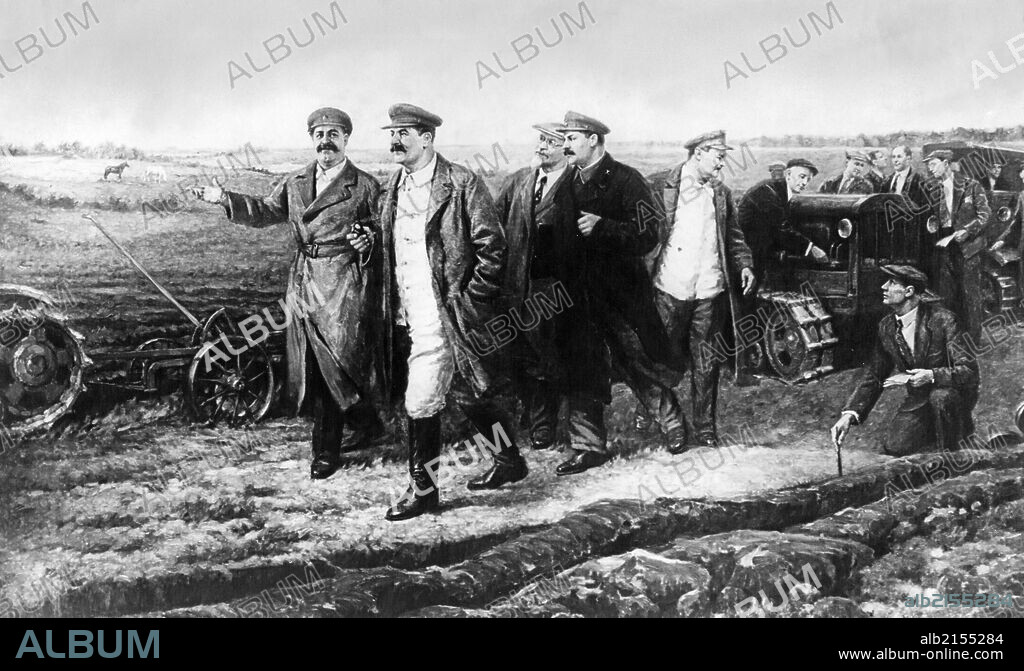 A painting by k, finogenov of j, v, stalin, g, k, ordjonikidze, m, i, kalinin, l, m, kaganovich, and a, a, zhdanov on the experimental field of the auto-tractor institute, 1935.