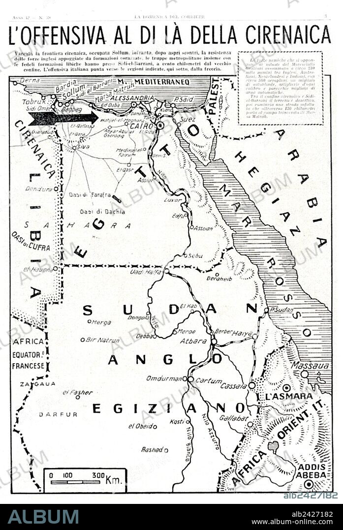 WWII-1940 1941-North African Campaign-Italian invasion of Egypt. Map indicating the first Italian offensive at Sidi Barrani from La Domenica del Corriere, 25 August 1940. On 13 September 1940, about four divisions were used when elements of the Tenth Army advanced into Egypt. Four infantry divisions and the 'Maletti Group' marched one hundred kilometers in four days. The Italians stopped when they got to Sidi Barrani. The Maletti Group included most of the M11/39 medium tanks available in North Africa and numerous L3 tankettes. Defensive positions were prepared by the Italians in the form of several fortified camps.