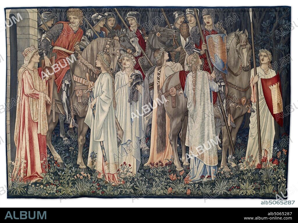 Quest for the Holy Grail Tapestries, Panel 2, The Arming and Departure of the Knights, 1895-96 Designer: Sir Edward Burne-Jones Designer: William Morris, Designer: John Henry Dearle Manufacturer: Morris & Co, The second narrative panel of the series., Applied ArtsPre-Raphaelite, Tapestry, Knight, Arthurian Legend, Holy Grail.
