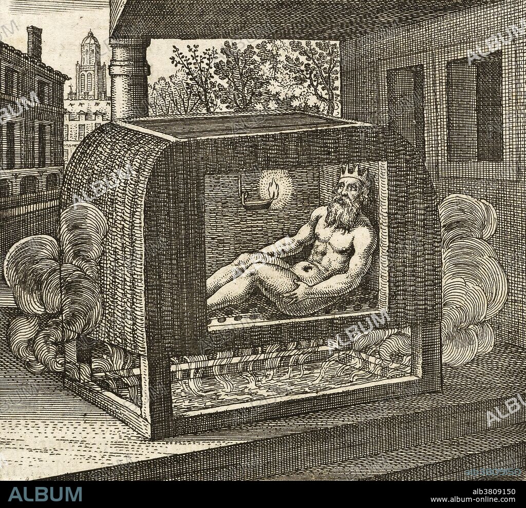 "Rex balneatur in Laconico sedens, atraque bile liberatur a Pharut." (The King is sitting in a Vaporous Bath, and is freed from the Black Gall by the physician Pharut. In early medicine, it was believed that certain moods, emotions, and behaviors were caused by an excess or lack of body fluids called "humors": blood, yellow bile, black bile, and phlegm. Here the King has an excess of black bile. This is Emblem 28 from "Atalanta fugiens" by Michael Maier (1568-1622). Maier was a German physician and counselor to Rudolf II Habsburg, and an alchemist, epigramist, and amateur composer. His Atalanta fugiens, an alchemical emblem book, was published in 1617. Alongside images, poems, and discussion, it included fifty pieces of music in the form of fugues, the form itself being a pun on Atalanta ("fleeing"). Michael Maier had a strong influence on Sir Isaac Newton.