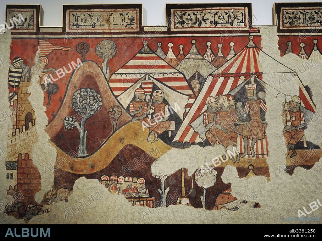 Maestro de la Conquista de Mallorca. Pinturas murales de la Conquista de Mallorca, 1285-1290. Procede del Palacio Berenguer Aguilar, Barcelona. Estilo Gótico Linear. Fresco traspasado a lienzo. Detalle con la representación del Campamento Real durante la conquista con el rey Jaime I el Conquistador. Museo Nacional de Arte de Cataluña. Barcelona. Cataluña. España. Master of the Conquest of Majorca. Mural paintings of Conquest of Majorca, 1285-1290. From the Palace Berenguer Aguilar, Barcelona. Linear Gothic style. Fresco transferred to canvas. Detail depicting the Royal Camp during the conquest with king James I the Conqueror. National Art Museum of Catalonia. Barcelona. Catalonia. Spain.