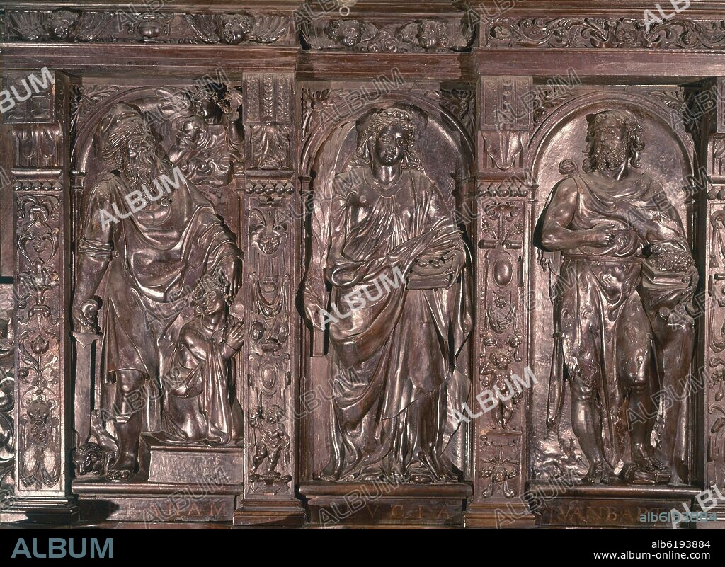 DIEGO SOLIS (S XV) Y JUAN ANGES (S XV). DETALLE DE LA SILLERIA DEL CORO- ABRAHAM E ISAAC, SAN JUAN BAUTISTA, SANTA LUCIA - SIGLO XVI - RENACIMIENTO ESPAÑOL.