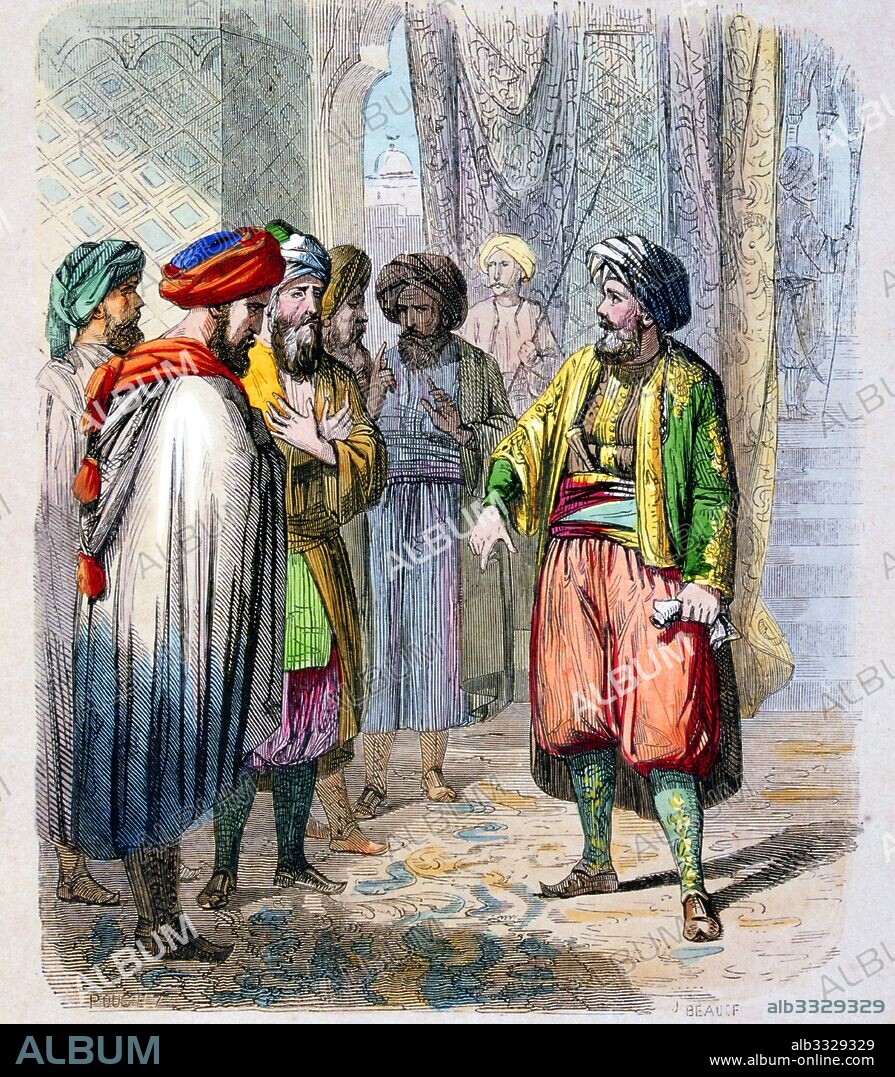 Muhammad Ali Pasha or Mehmet Ali; 1769 - 1849 receives messages from his son's campaign in Arabia. In order to secure the defeat of opposition in Arabia, Muhammad Ali dispatched his son, Ibrahim, to finally rout the Saudis. Watercolour by the French painter Jean-Adolphe Beauce (1818 - 1875).