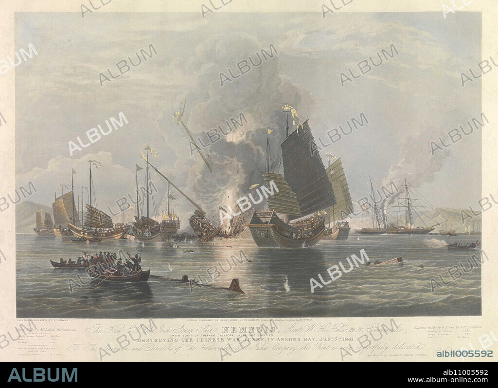 EDWARD DUNCAN. The iron steam ship "Nemesis" destroying the Chinese War Junks in Anson's Bay, 7 January 1841.