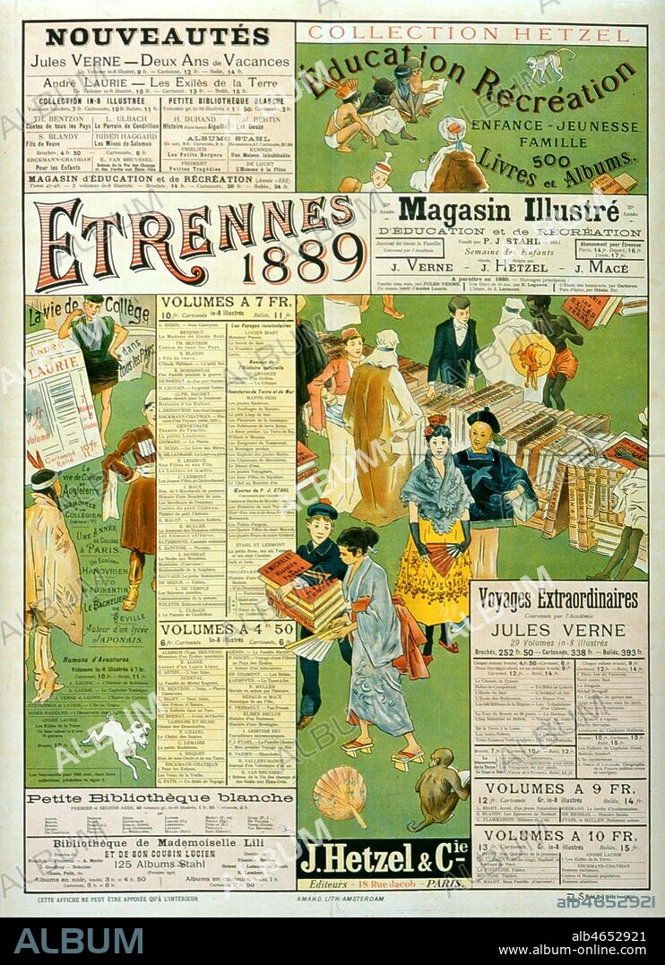 Affiche J. Hetzel. Etrennes 1889: Nouveautes. Deux ans en vacances.. Voyages extraordinaires.... de Jules Verne, 1888. Illustration de D. SEMEGHINI (1852-1891). Credit : Coll. Musee Jules Verne de Nantes/KHARBINE-TAPABOR.
