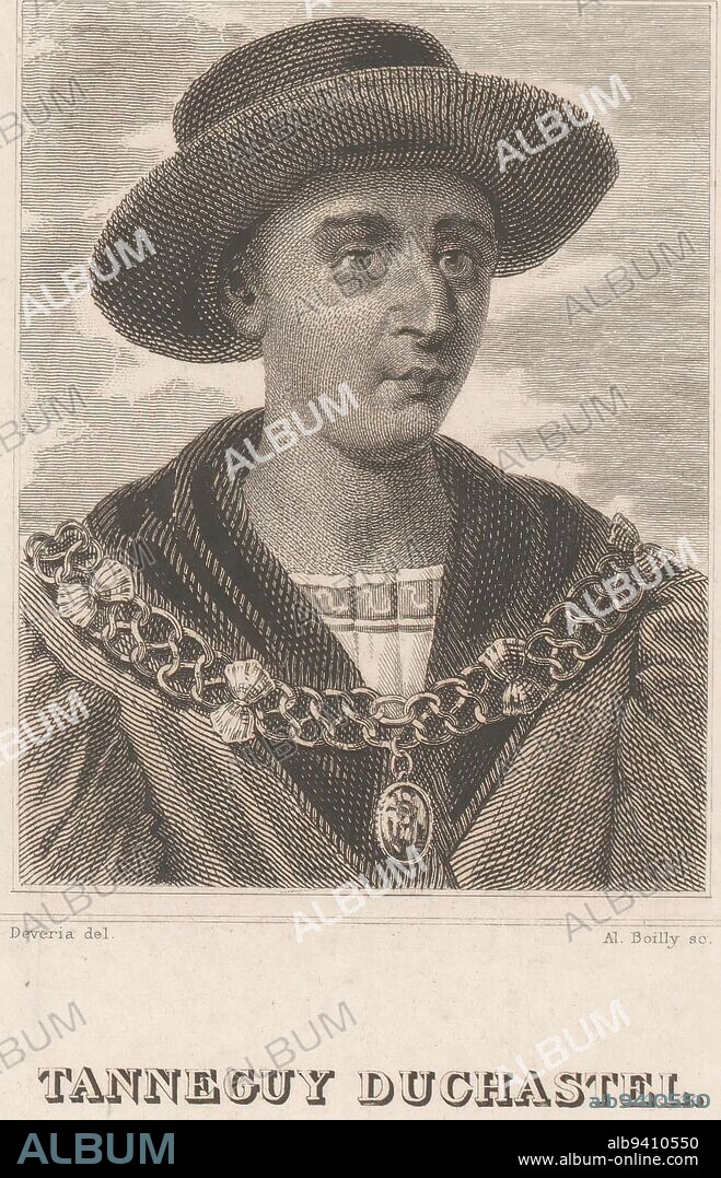 Portrait of Tanneguy III du Chastel, Alphonse Boilly, after Achille Devéria, after Eugène Devéria, 1811 - 1867, print maker: Alphonse Boilly, (mentioned on object), intermediary draughtsman: Achille Devéria, (mentioned on object), intermediary draughtsman: Eugène Devéria, (mentioned on object), France, 1811 - 1867, paper, etching, engraving, steel engraving, h 220 mm - w 145 mm.