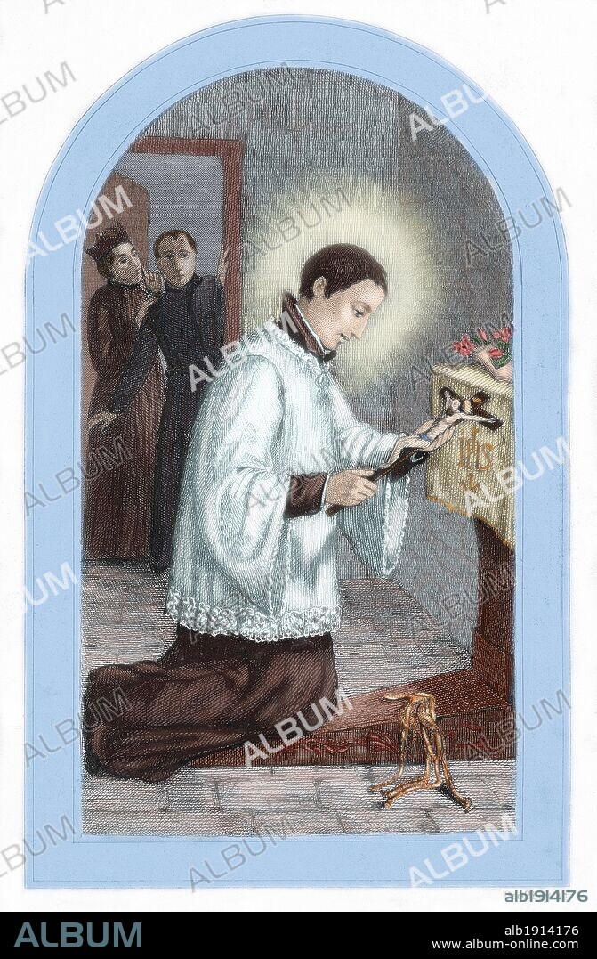 SAN LUIS GONZAGA. Grabado coloreado del siglo XIX.